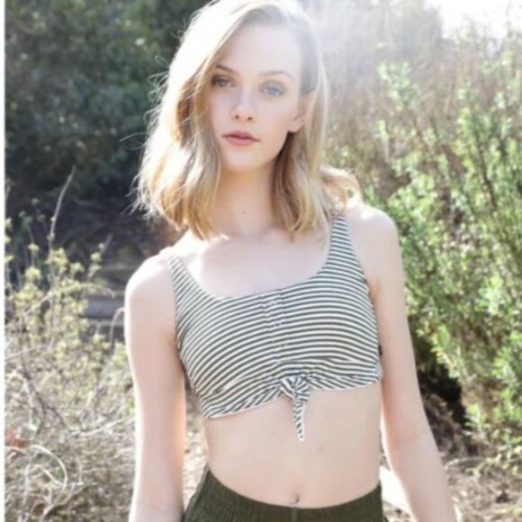 Honeycut Dance Crop Top Womens XS 0-2 Ribbed Knot Striped Olive Green White Tank - Picture 9 of 10